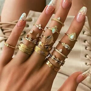 Boho Gemstone Water Drop Shape Flower Ring Set 15pc